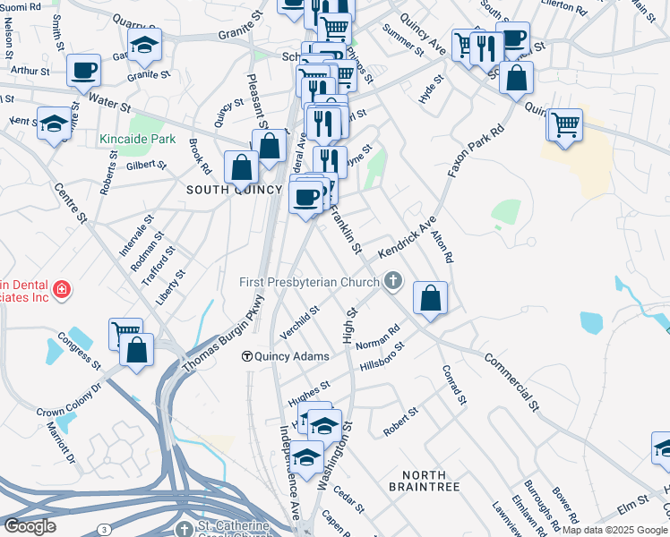 map of restaurants, bars, coffee shops, grocery stores, and more near 32 Verchild Street in Quincy