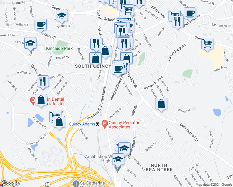 map of restaurants, bars, coffee shops, grocery stores, and more near 43 Bennington Street in Quincy