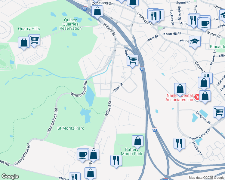 map of restaurants, bars, coffee shops, grocery stores, and more near 634-636 Willard Street in Quincy