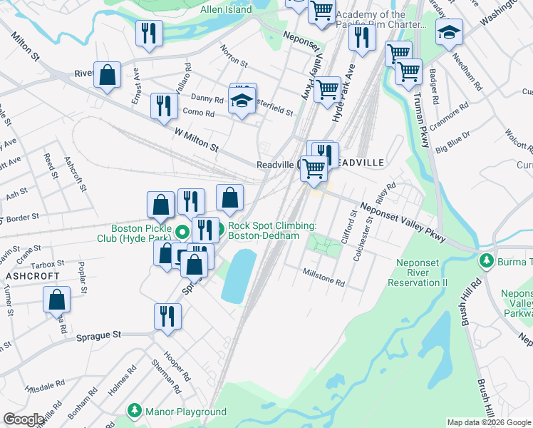 map of restaurants, bars, coffee shops, grocery stores, and more near 50 Sprague Street in Boston
