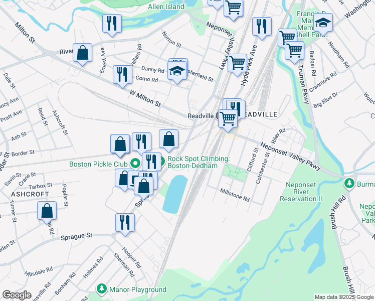 map of restaurants, bars, coffee shops, grocery stores, and more near 50 Sprague Street in Boston