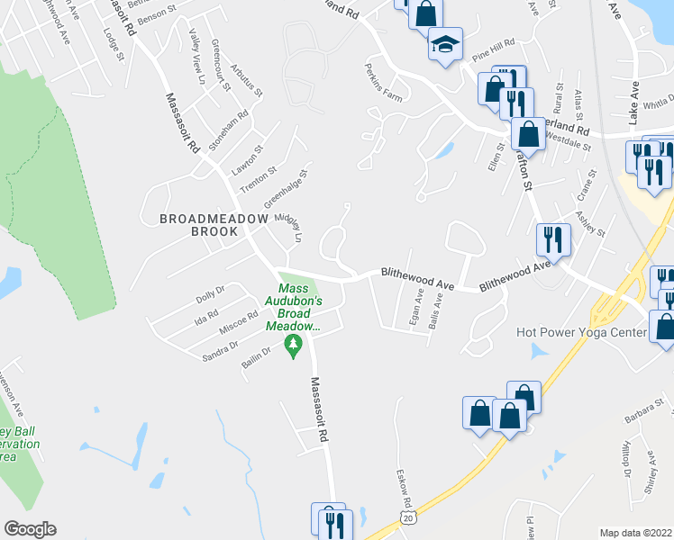 map of restaurants, bars, coffee shops, grocery stores, and more near 32 Blithewood Avenue in Worcester
