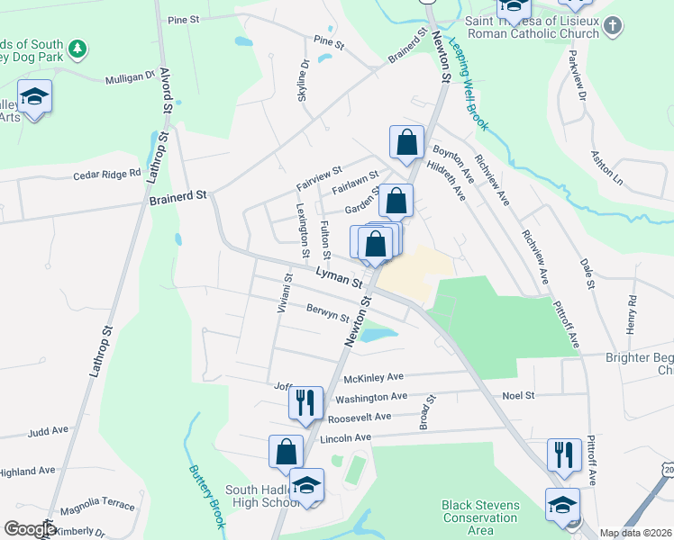 map of restaurants, bars, coffee shops, grocery stores, and more near 53 Camden Street in South Hadley