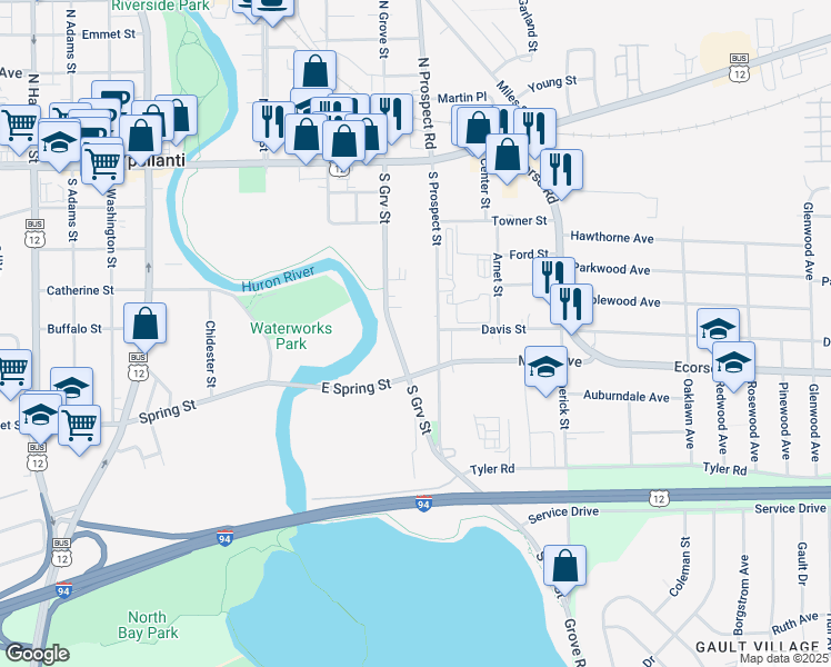 map of restaurants, bars, coffee shops, grocery stores, and more near 225 South Grove Road in Ypsilanti