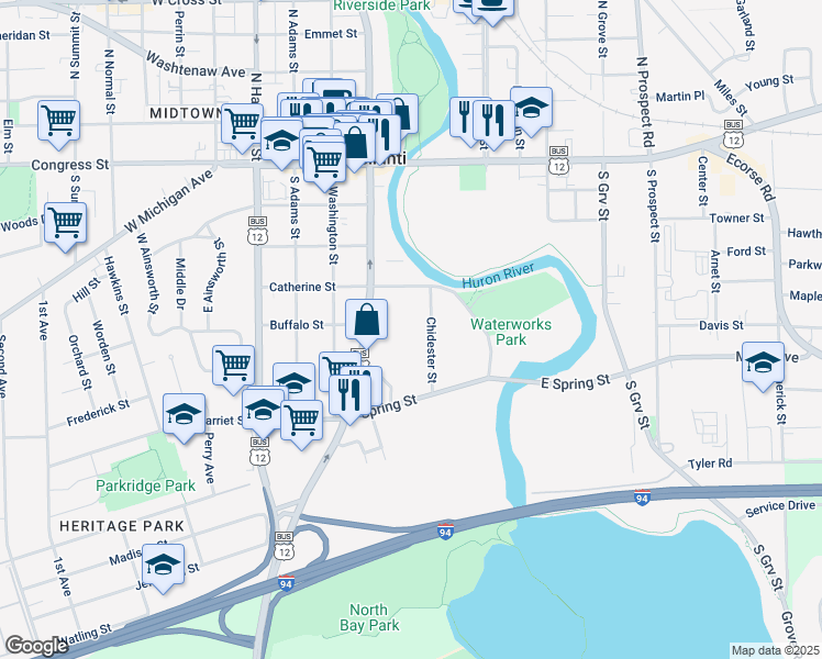 map of restaurants, bars, coffee shops, grocery stores, and more near 330 Chidester Street in Ypsilanti