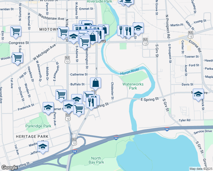 map of restaurants, bars, coffee shops, grocery stores, and more near 330 Chidester Street in Ypsilanti
