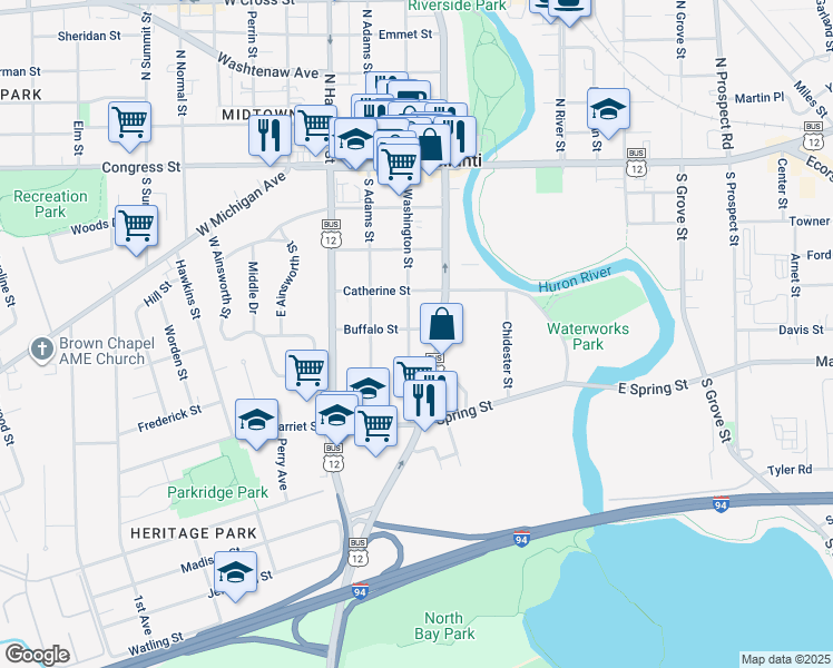 map of restaurants, bars, coffee shops, grocery stores, and more near 416 South Washington Street in Ypsilanti