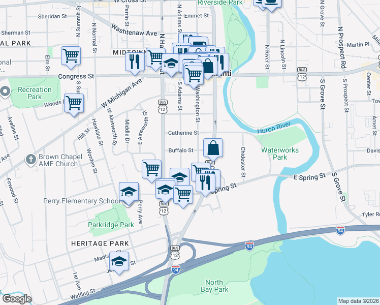 map of restaurants, bars, coffee shops, grocery stores, and more near 416 South Washington Street in Ypsilanti