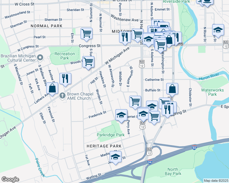 map of restaurants, bars, coffee shops, grocery stores, and more near 423 Hawkins Street in Ypsilanti