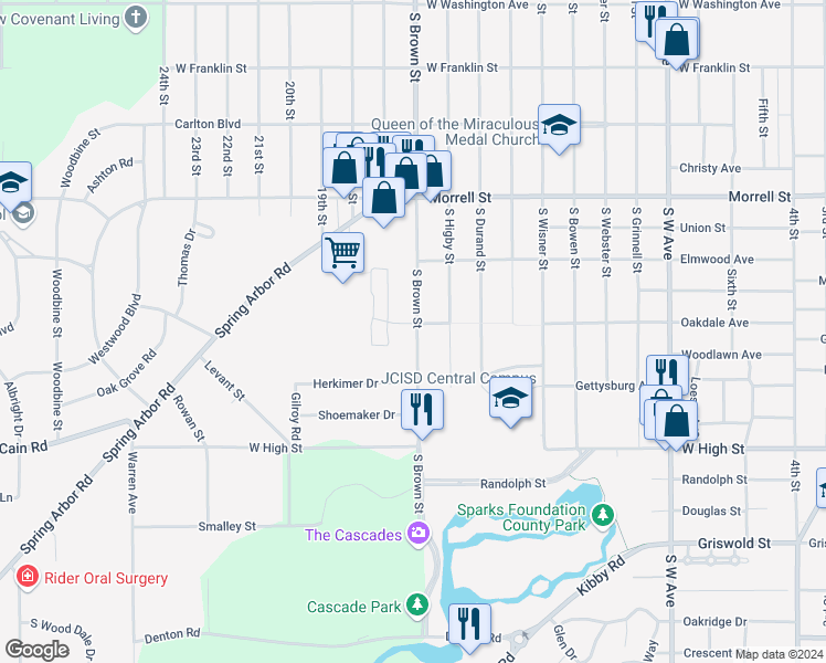 map of restaurants, bars, coffee shops, grocery stores, and more near 1052 South Brown Street in Jackson