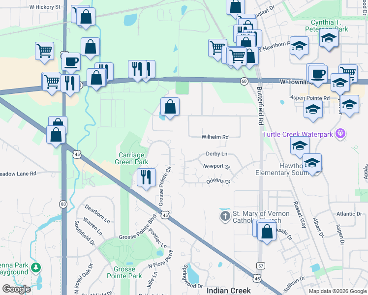 map of restaurants, bars, coffee shops, grocery stores, and more near 1163 Orleans Drive in Mundelein