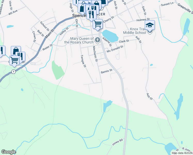 map of restaurants, bars, coffee shops, grocery stores, and more near 3 Langevin Street in Spencer