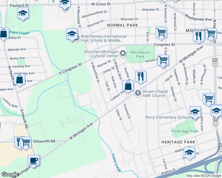 map of restaurants, bars, coffee shops, grocery stores, and more near 288 Taft Street in Ypsilanti