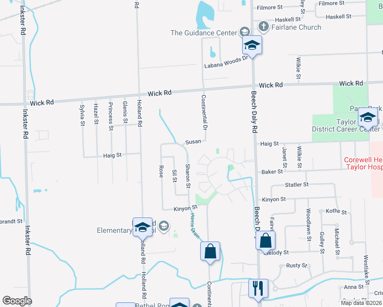 map of restaurants, bars, coffee shops, grocery stores, and more near 9628 Camden Circle in Taylor