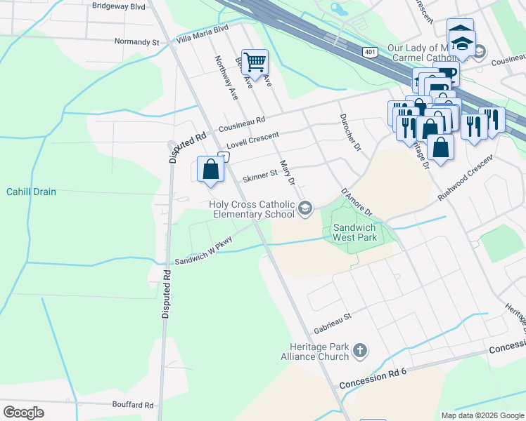 map of restaurants, bars, coffee shops, grocery stores, and more near 4605 County Road 7 in Windsor