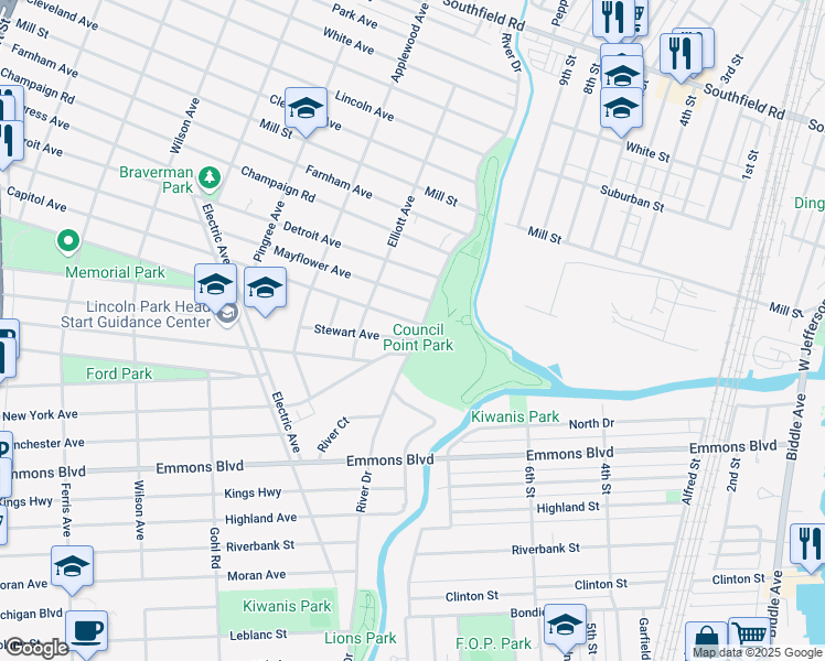 map of restaurants, bars, coffee shops, grocery stores, and more near 3118 River Drive in Lincoln Park