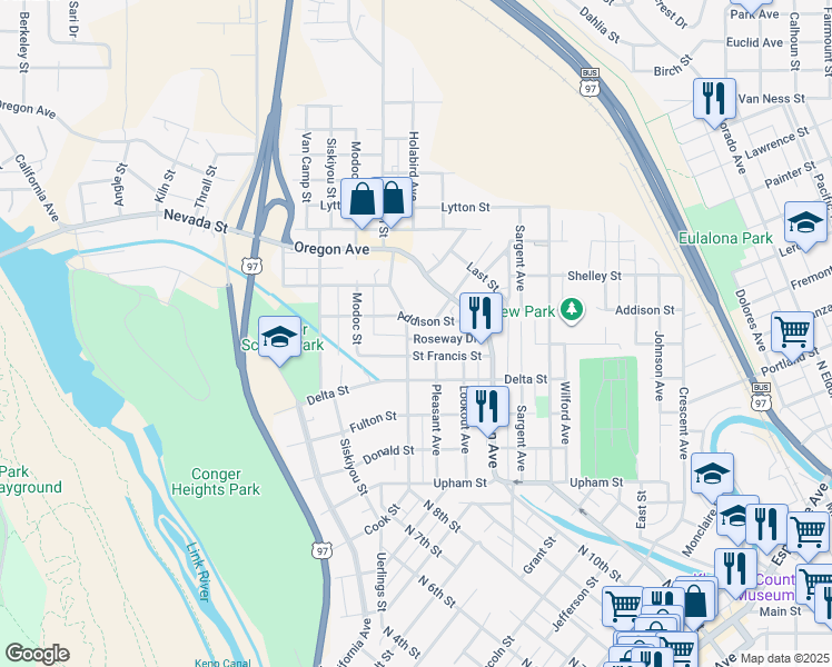 map of restaurants, bars, coffee shops, grocery stores, and more near 607 Roseway Drive in Klamath Falls