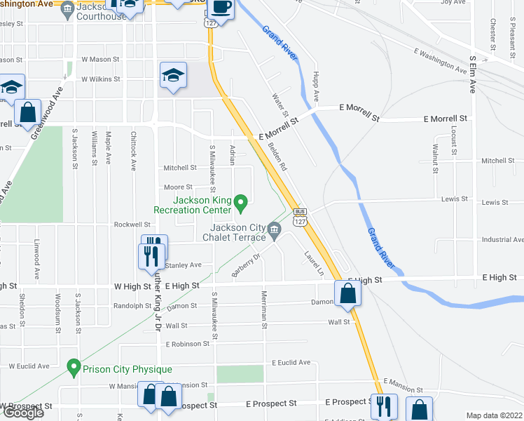 map of restaurants, bars, coffee shops, grocery stores, and more near 1107 Adrian Street in Jackson
