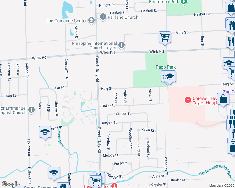 map of restaurants, bars, coffee shops, grocery stores, and more near 25550 Haig Street in Taylor