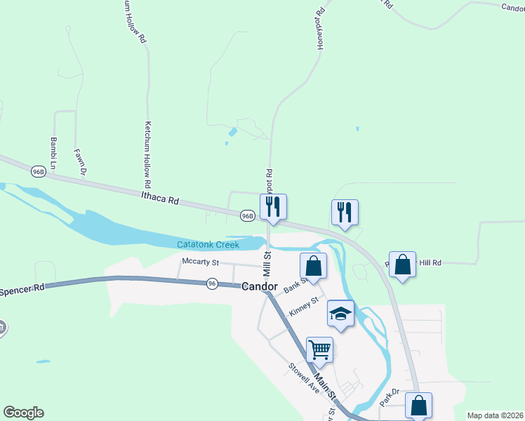 map of restaurants, bars, coffee shops, grocery stores, and more near 6 Honeypot Road in Candor