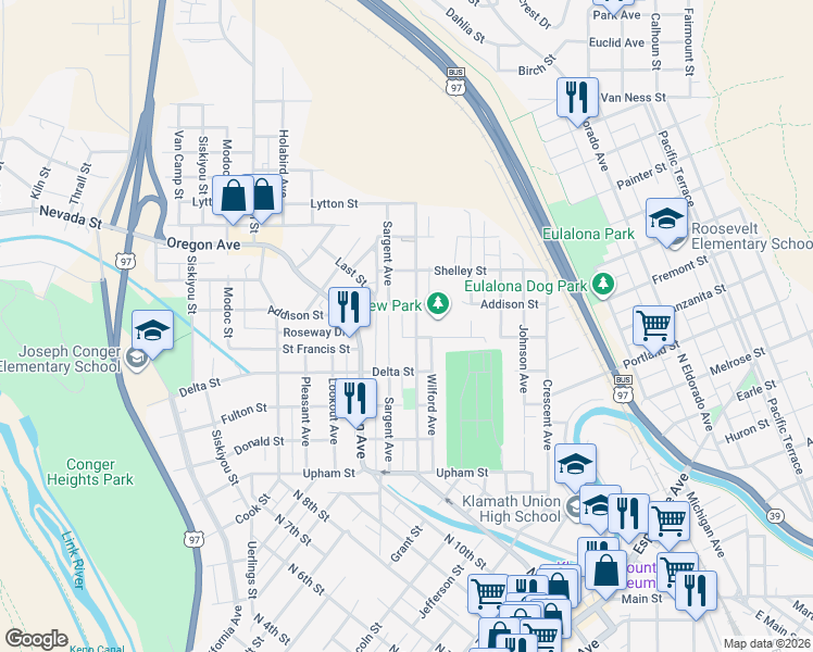 map of restaurants, bars, coffee shops, grocery stores, and more near 1801 Worden Avenue in Klamath Falls