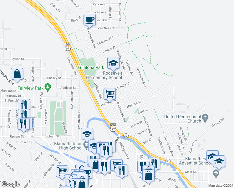 map of restaurants, bars, coffee shops, grocery stores, and more near 919 North Eldorado Avenue in Klamath Falls