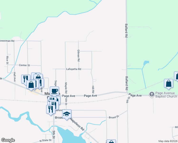 map of restaurants, bars, coffee shops, grocery stores, and more near 330 Lafayette Road in Michigan Center