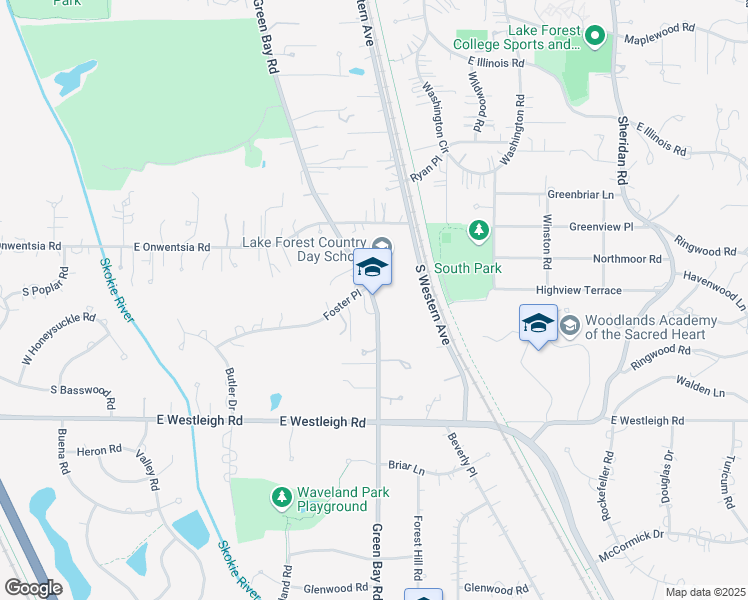 map of restaurants, bars, coffee shops, grocery stores, and more near 145 South Green Bay Road in Lake Forest