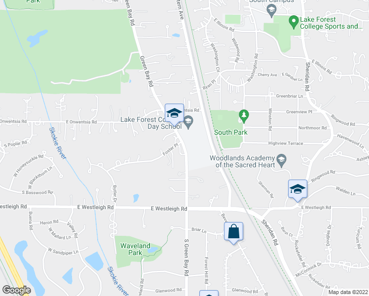 map of restaurants, bars, coffee shops, grocery stores, and more near 145 South Green Bay Road in Lake Forest