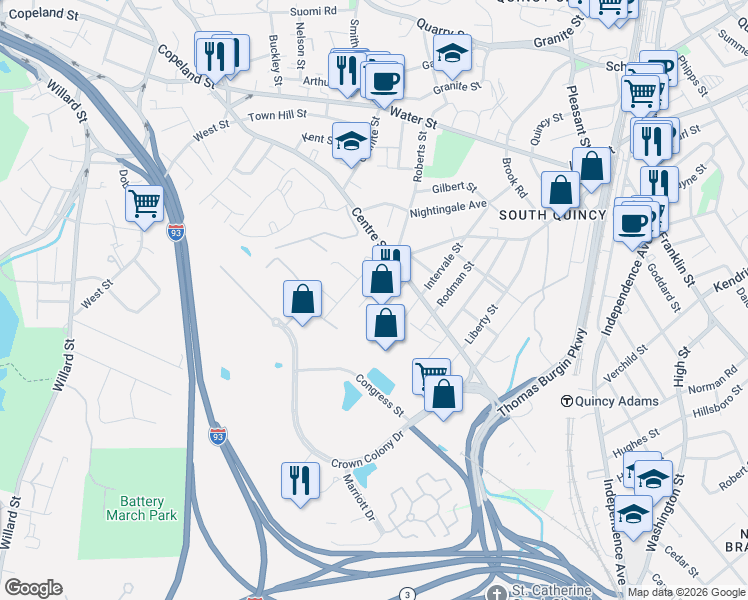 map of restaurants, bars, coffee shops, grocery stores, and more near 30 Albertina Street in Quincy