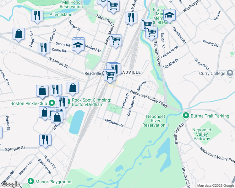 map of restaurants, bars, coffee shops, grocery stores, and more near 201 Neponset Valley Parkway in Boston