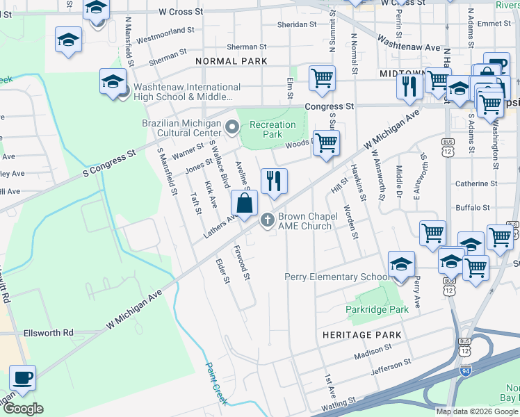 map of restaurants, bars, coffee shops, grocery stores, and more near 327 Aveline Street in Ypsilanti