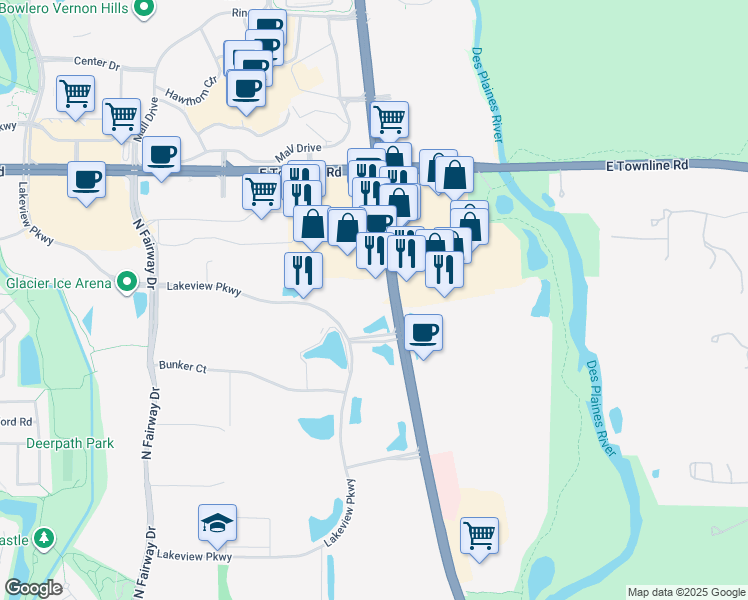map of restaurants, bars, coffee shops, grocery stores, and more near 554 Lakeview Parkway in Vernon Hills