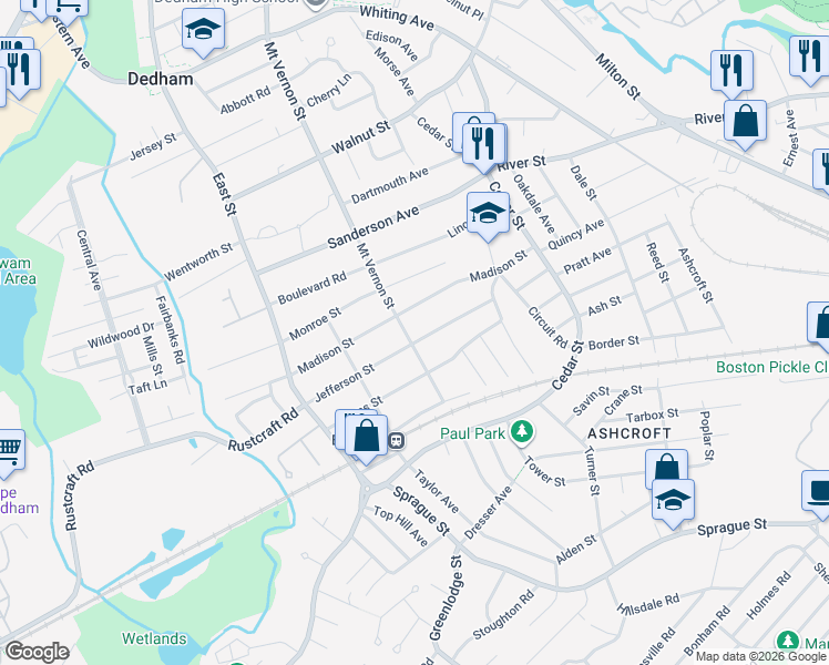 map of restaurants, bars, coffee shops, grocery stores, and more near 354 Mount Vernon Street in Dedham