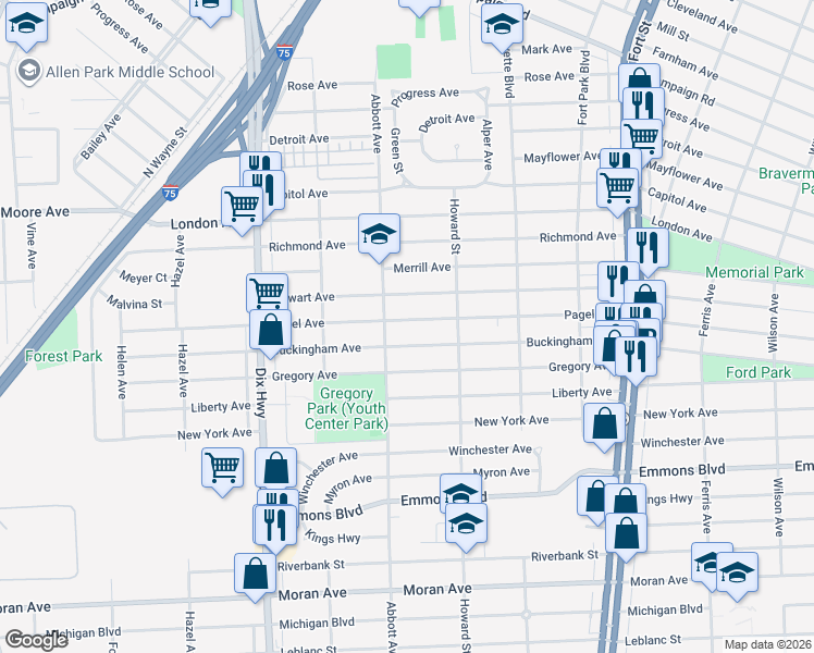 map of restaurants, bars, coffee shops, grocery stores, and more near 1673 Pagel Avenue in Lincoln Park