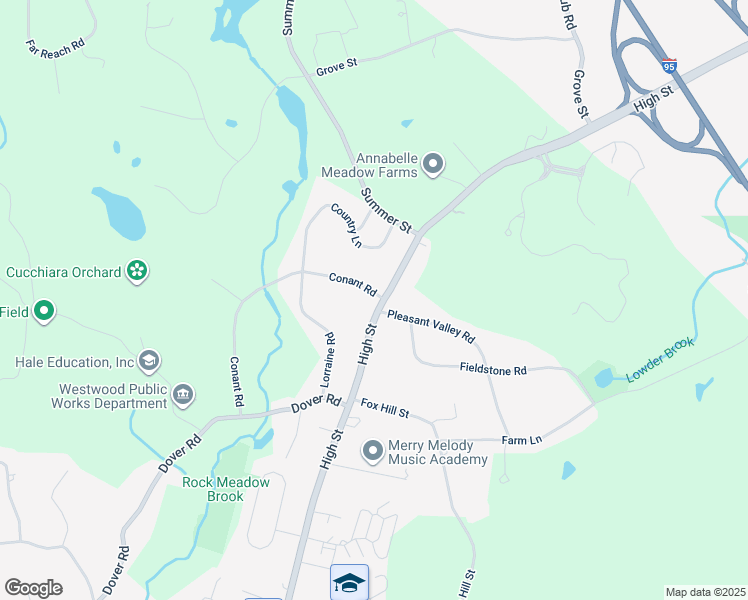 map of restaurants, bars, coffee shops, grocery stores, and more near 6 Conant Road in Westwood