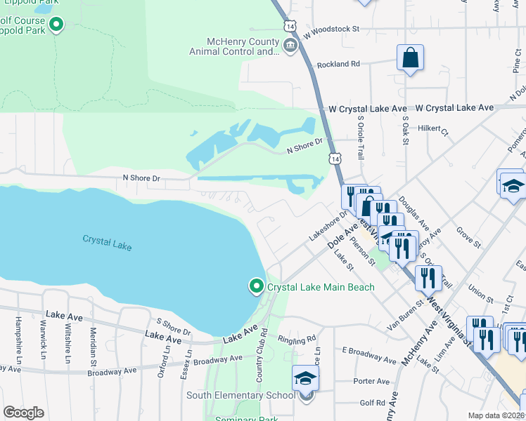 map of restaurants, bars, coffee shops, grocery stores, and more near 651 Woodland Drive in Crystal Lake