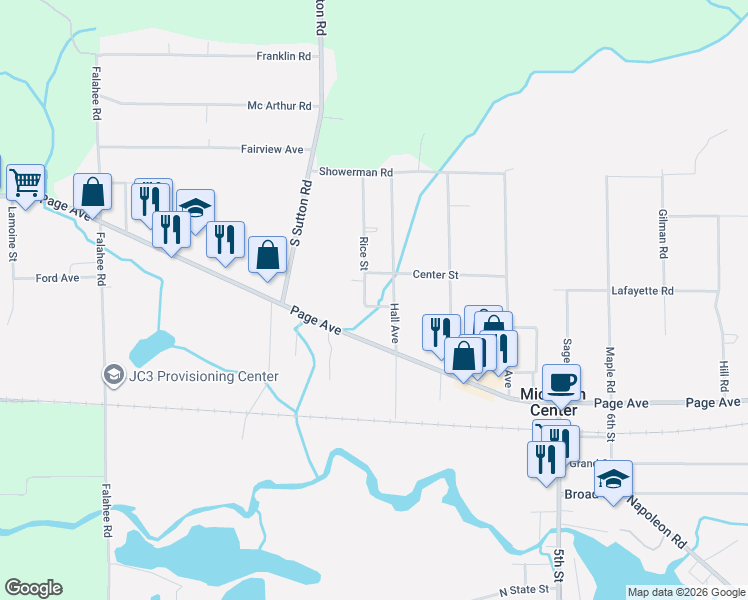 map of restaurants, bars, coffee shops, grocery stores, and more near 160 Hall Avenue in Michigan Center