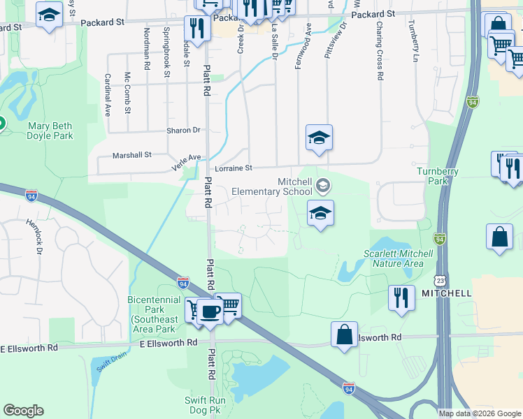 map of restaurants, bars, coffee shops, grocery stores, and more near 3349 Williamsburg Road in Ann Arbor