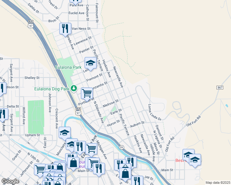 map of restaurants, bars, coffee shops, grocery stores, and more near 2026 Portland Street in Klamath Falls