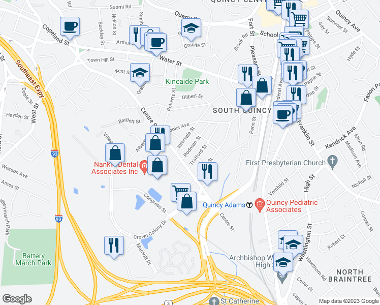 map of restaurants, bars, coffee shops, grocery stores, and more near 68 Rodman Street in Quincy