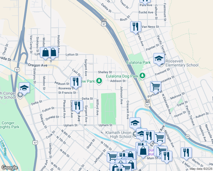 map of restaurants, bars, coffee shops, grocery stores, and more near 1714 Lancaster Avenue in Klamath Falls