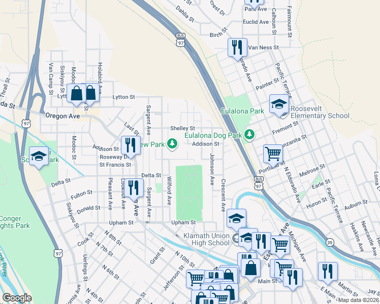 map of restaurants, bars, coffee shops, grocery stores, and more near in Klamath Falls