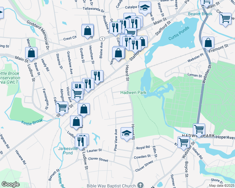 map of restaurants, bars, coffee shops, grocery stores, and more near 70 Heard Street in Worcester