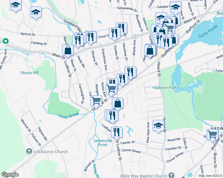 map of restaurants, bars, coffee shops, grocery stores, and more near 19 Lavallee Terrace in Worcester