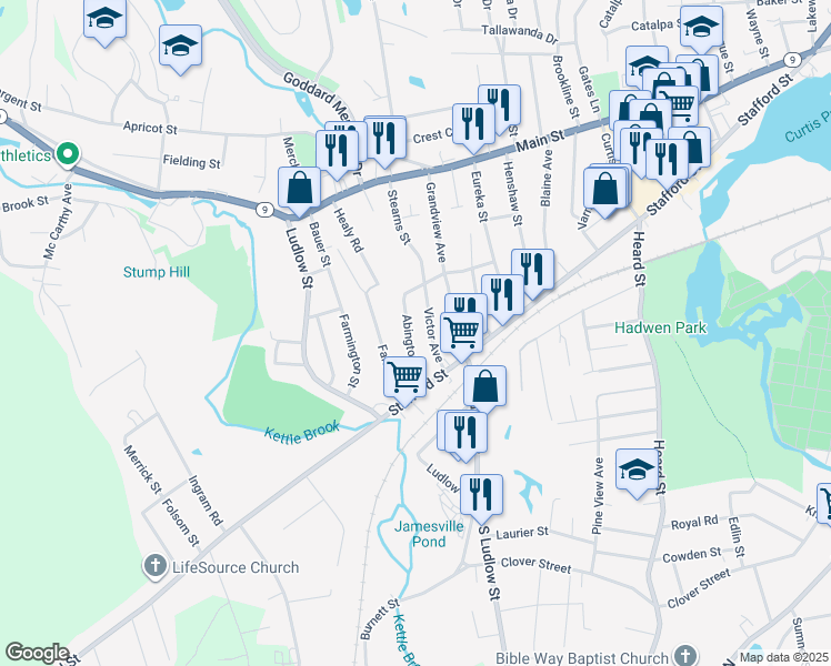 map of restaurants, bars, coffee shops, grocery stores, and more near 21 Victor Avenue in Worcester