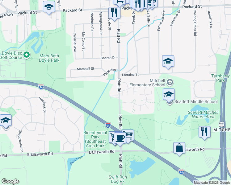 map of restaurants, bars, coffee shops, grocery stores, and more near 3567 Platt Road in Ann Arbor