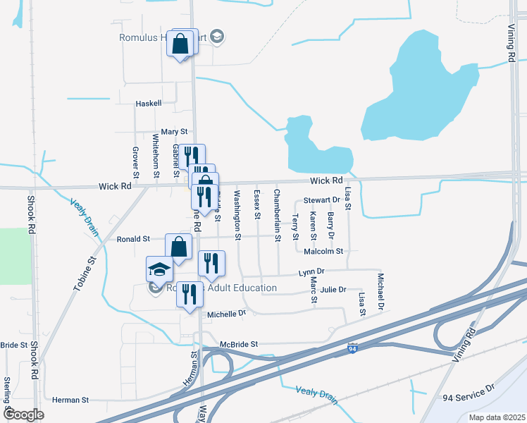 map of restaurants, bars, coffee shops, grocery stores, and more near 9243 Essex Street in Romulus