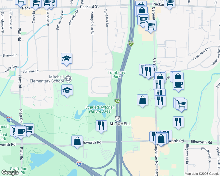 map of restaurants, bars, coffee shops, grocery stores, and more near 3241 Monument in Ann Arbor