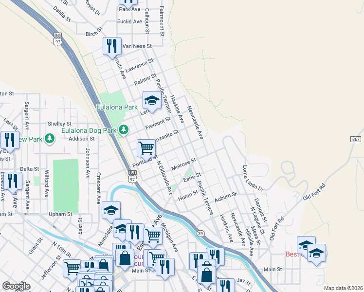 map of restaurants, bars, coffee shops, grocery stores, and more near 2001 Portland Street in Klamath Falls
